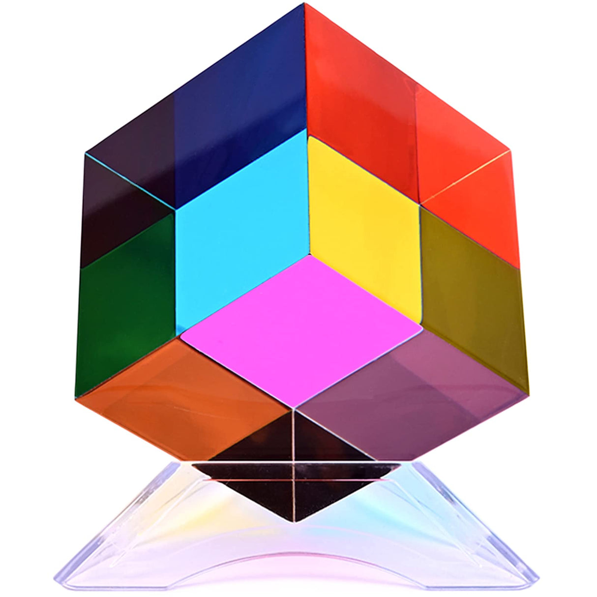 Color Cube (2.4inch) with Stand - Mesmerizing Color Mixing Acrylic Glass Prism for Color Recognition, A Fun Conversation Starter