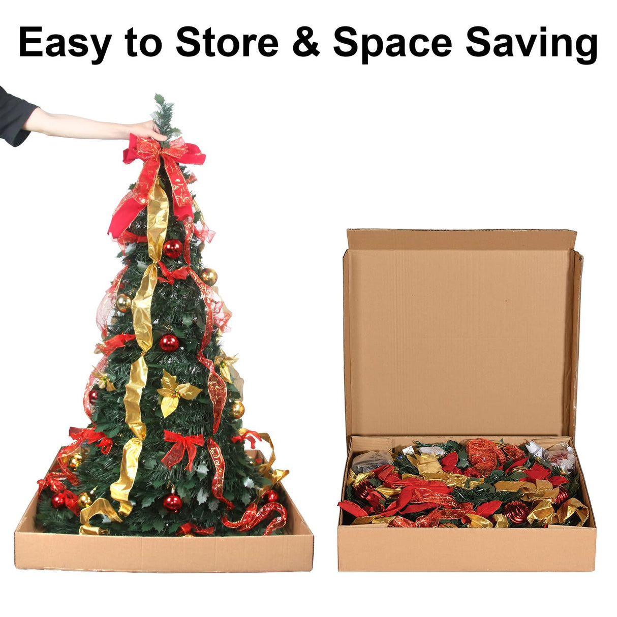 Pre-lit Christmas Tree - 6.5 Ft Fully Decorated Pull Up Christmas Tree with Remote, 200 LED Lights, Ornaments, Red&Gold Ribbon, Bows, Easy Assemble Collapsible Xmas Trees Holiday Party Decor