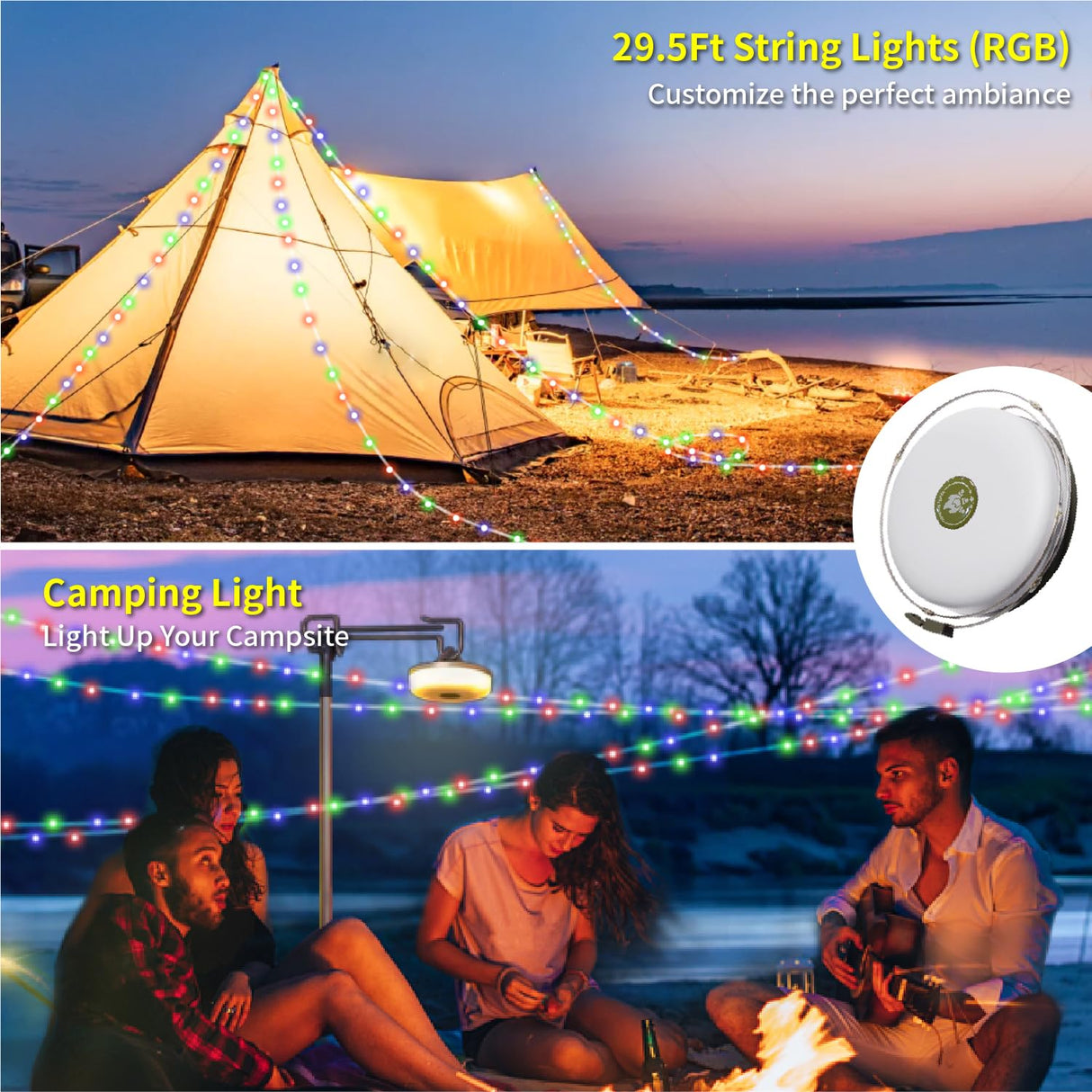 HAMLITE Camping Light String, 3 in 1 Camping Light Rechargeable(29.5Ft), RGB Portable Outdoor String Lights, Durable Tent Fairy Lights, USB Camp Lights for Camper, Christmas Decor, Multi-Modes