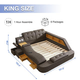 Multifunction Smart King Bed Frame, Luxury Upholstered Platform with Massage Recliner/Bluetooth Speaker/USB Charging Station/Storage Drawers, Leather Headboard/ Strong Wooden Slats, Black