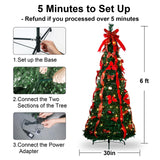 Pre-lit Christmas Tree - 6.5 Ft Fully Decorated Pull Up Christmas Tree with Remote, 200 LED Lights, Ornaments, Red&Gold Ribbon, Bows, Easy Assemble Collapsible Xmas Trees Holiday Party Decor