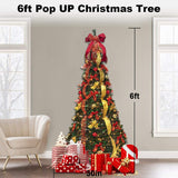 Pre-lit Christmas Tree - 6.5 Ft Fully Decorated Pull Up Christmas Tree with Remote, 200 LED Lights, Ornaments, Red&Gold Ribbon, Bows, Easy Assemble Collapsible Xmas Trees Holiday Party Decor