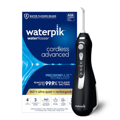 Waterpik Cordless Advanced 2.0 Water Flosser For Teeth, Gums, Braces, Dental Care With Travel Bag and 4 Tips, ADA Accepted, Rechargeable, Portable, and Waterproof, White WP-580, Packaging May Vary