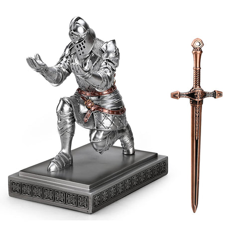 King's Guard Knight Pen Holder Pen Stand Desk Organizers and Accessories Resin Pencil Holder as Gift with a Metal Sword Letter Opener for Office and Home (Blue)