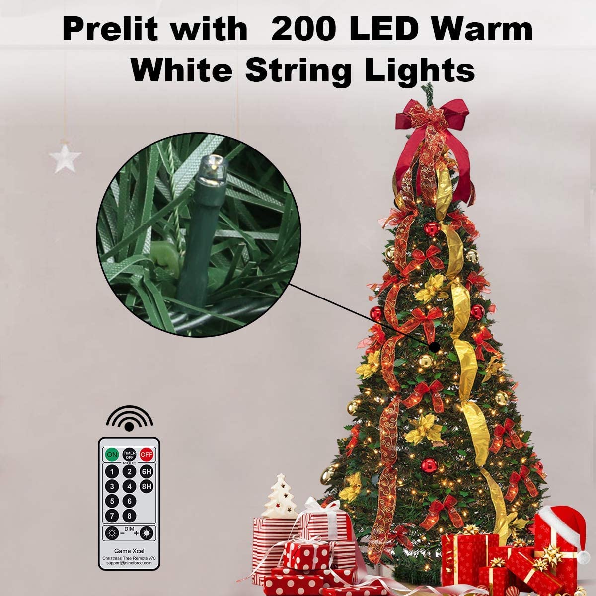 Pre-lit Christmas Tree - 6.5 Ft Fully Decorated Pull Up Christmas Tree with Remote, 200 LED Lights, Ornaments, Red&Gold Ribbon, Bows, Easy Assemble Collapsible Xmas Trees Holiday Party Decor