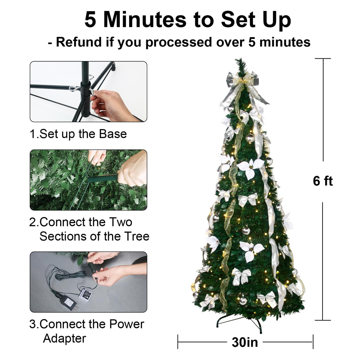 Pre-lit Christmas Tree - 6.5 Ft Fully Decorated Pull Up Christmas Tree with Remote, 200 LED Lights, Ornaments, Red&Gold Ribbon, Bows, Easy Assemble Collapsible Xmas Trees Holiday Party Decor