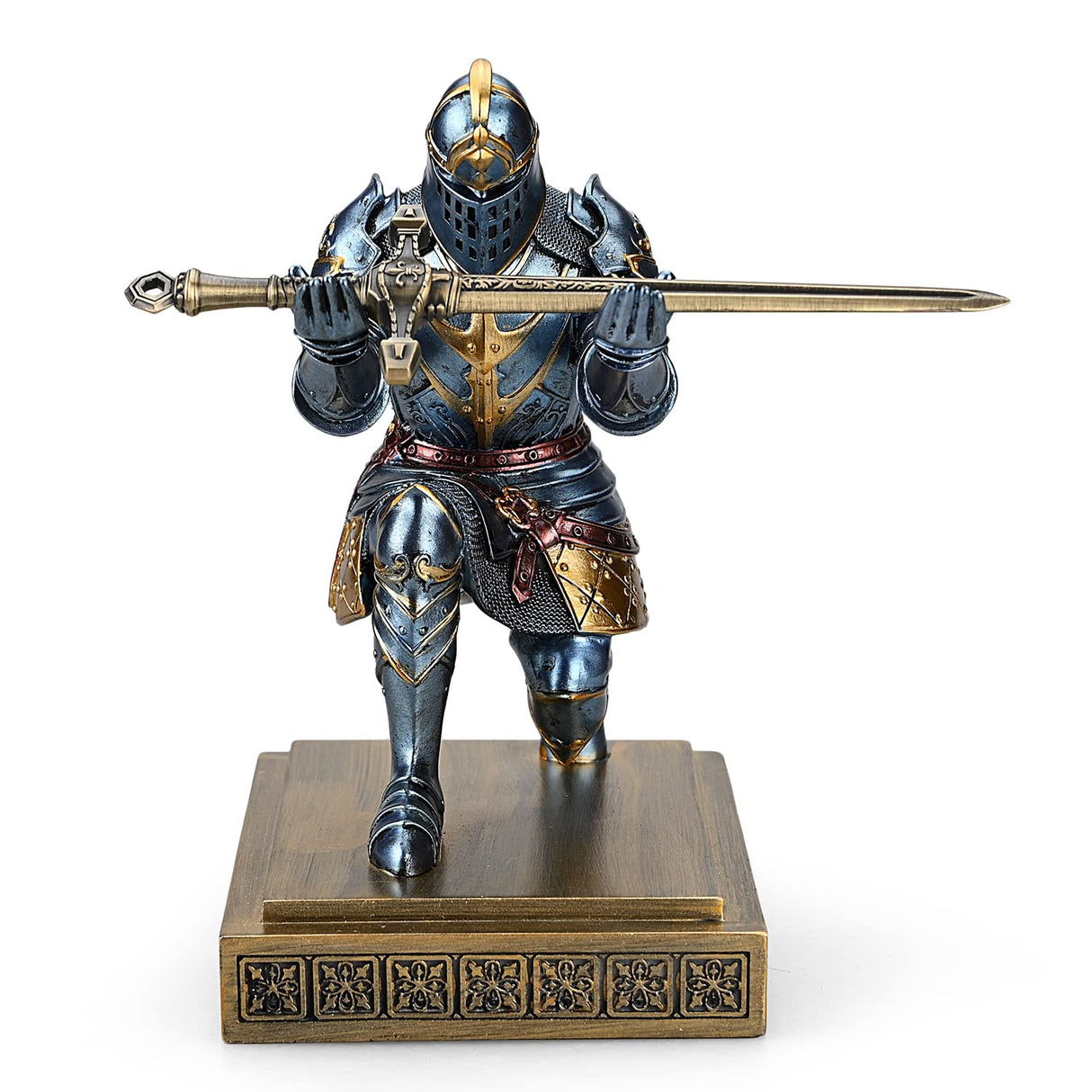 King's Guard Knight Pen Holder Pen Stand Desk Organizers and Accessories Resin Pencil Holder as Gift with a Metal Sword Letter Opener for Office and Home (Blue)