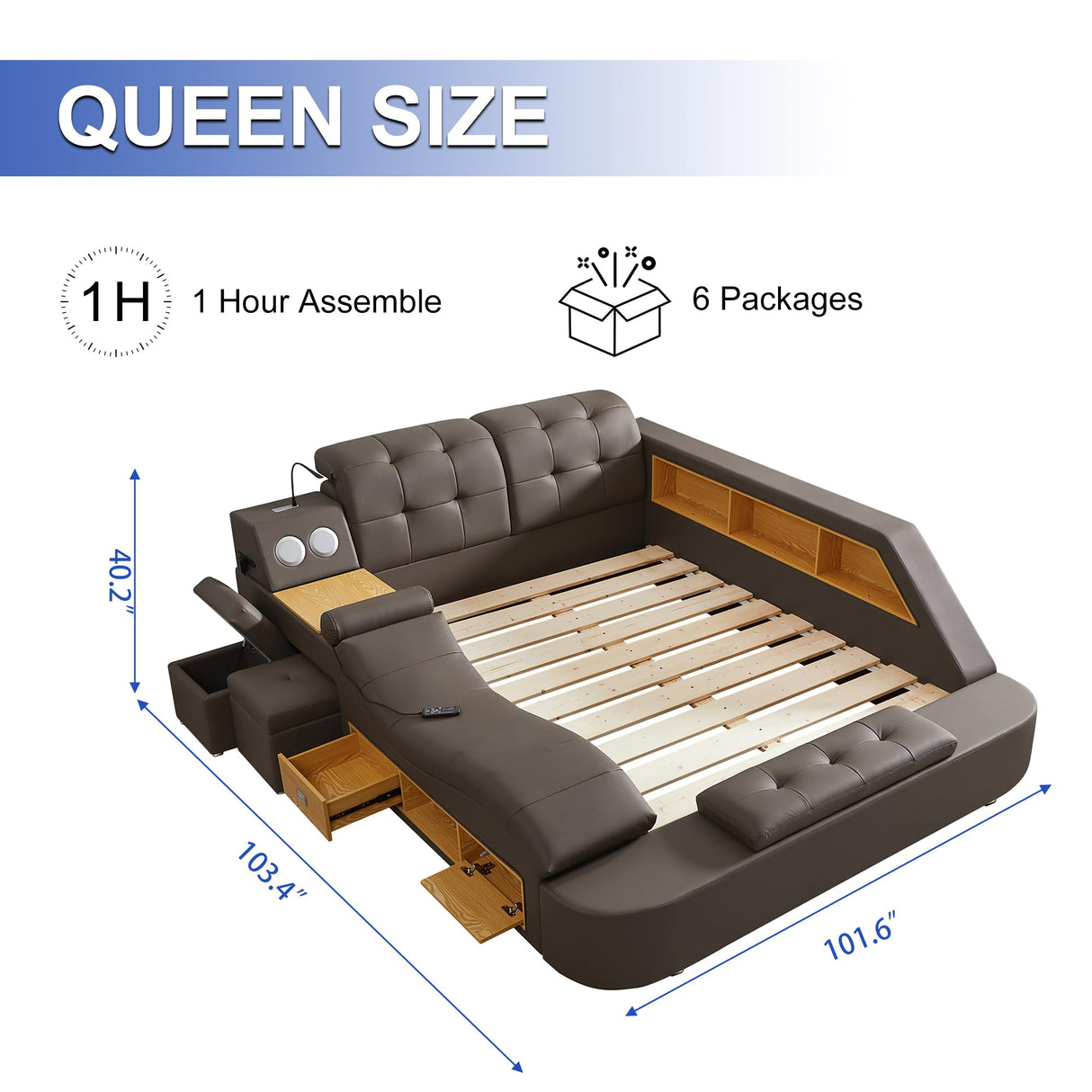 Multifunction Smart King Bed Frame, Luxury Upholstered Platform with Massage Recliner/Bluetooth Speaker/USB Charging Station/Storage Drawers, Leather Headboard/ Strong Wooden Slats, Black