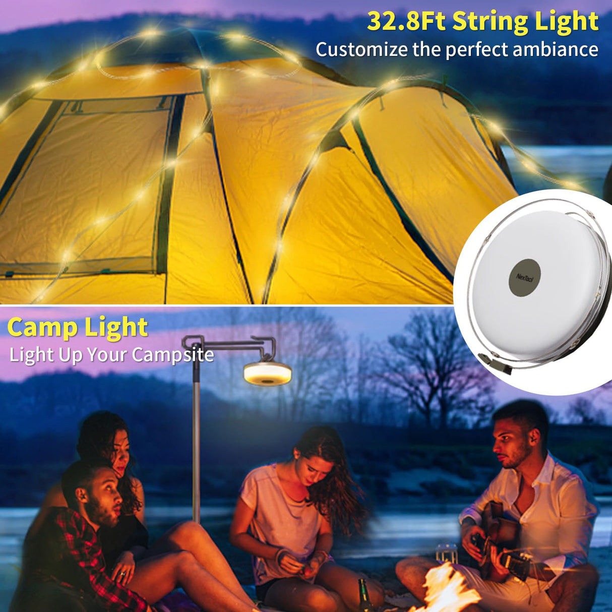 HAMLITE Camping Light String, 3 in 1 Camping Light Rechargeable(29.5Ft), RGB Portable Outdoor String Lights, Durable Tent Fairy Lights, USB Camp Lights for Camper, Christmas Decor, Multi-Modes