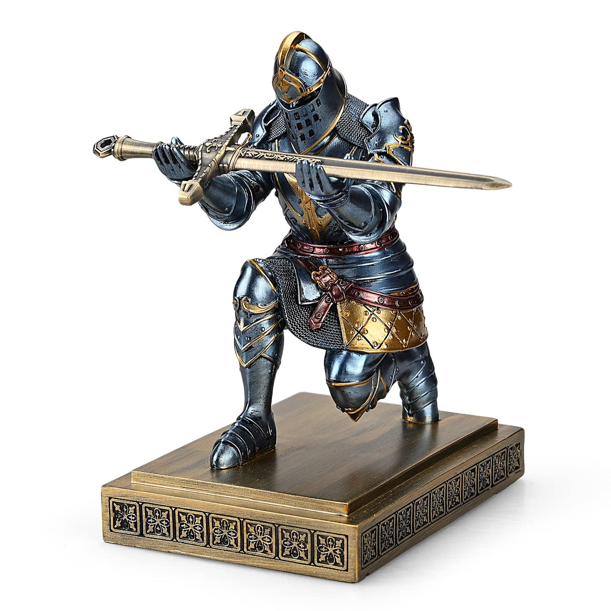 King's Guard Knight Pen Holder Pen Stand Desk Organizers and Accessories Resin Pencil Holder as Gift with a Metal Sword Letter Opener for Office and Home (Blue)