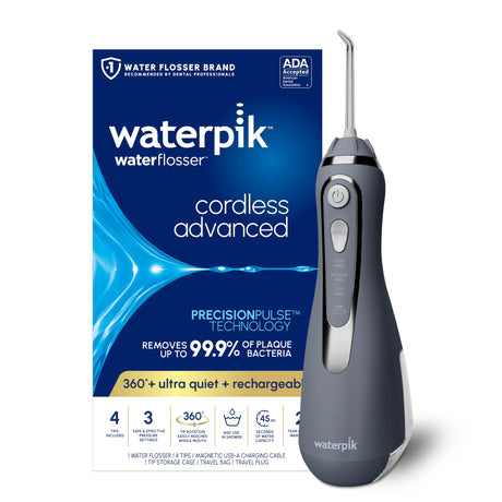 Waterpik Cordless Advanced 2.0 Water Flosser For Teeth, Gums, Braces, Dental Care With Travel Bag and 4 Tips, ADA Accepted, Rechargeable, Portable, and Waterproof, White WP-580, Packaging May Vary