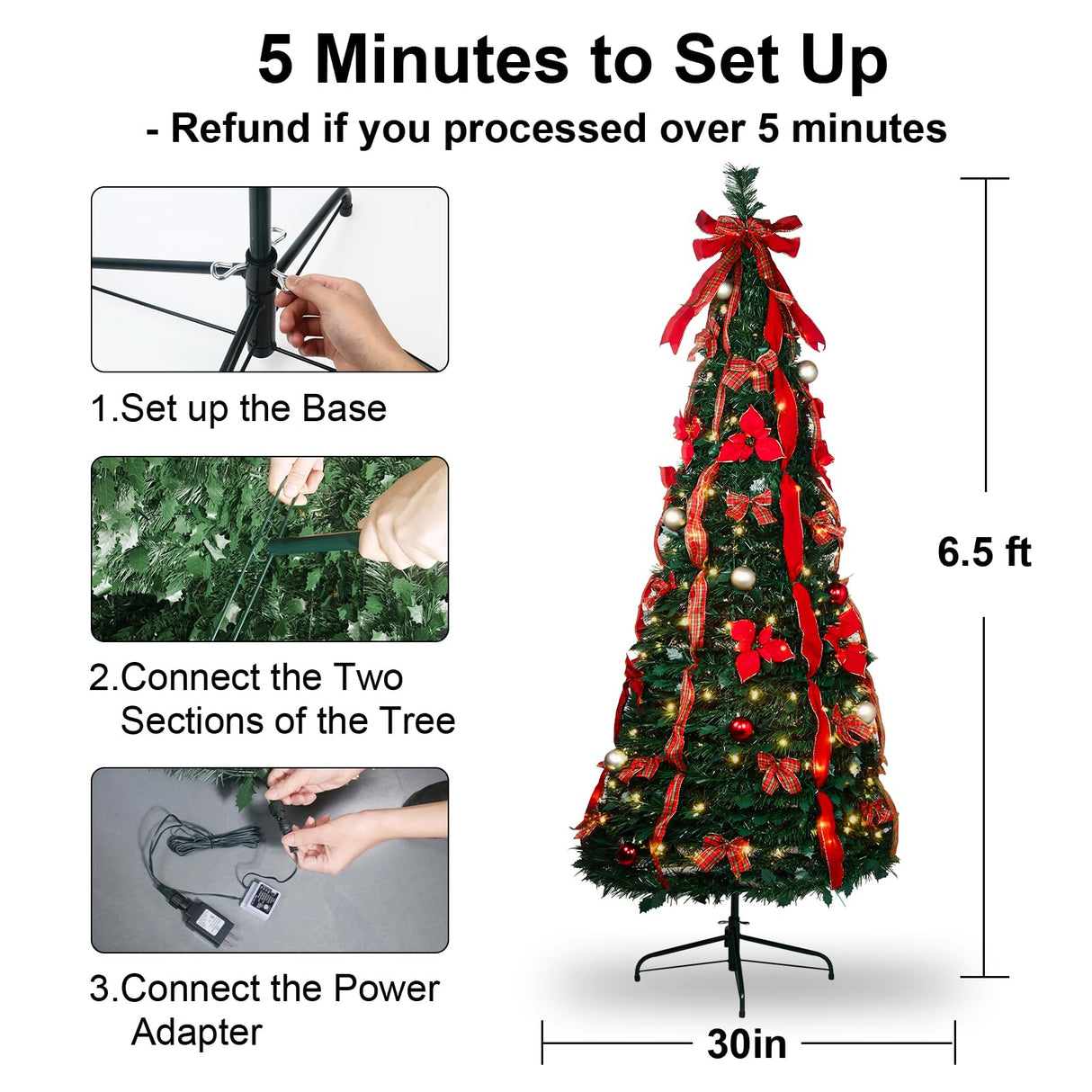 Pre-lit Christmas Tree - 6.5 Ft Fully Decorated Pull Up Christmas Tree with Remote, 200 LED Lights, Ornaments, Red&Gold Ribbon, Bows, Easy Assemble Collapsible Xmas Trees Holiday Party Decor