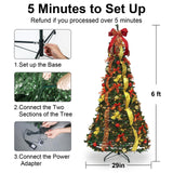 Pre-lit Christmas Tree - 6.5 Ft Fully Decorated Pull Up Christmas Tree with Remote, 200 LED Lights, Ornaments, Red&Gold Ribbon, Bows, Easy Assemble Collapsible Xmas Trees Holiday Party Decor