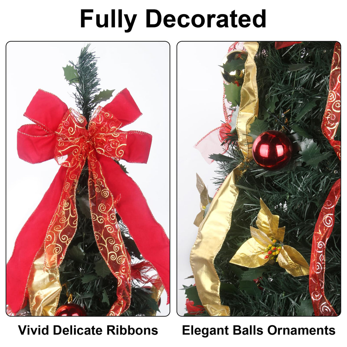 Pre-lit Christmas Tree - 6.5 Ft Fully Decorated Pull Up Christmas Tree with Remote, 200 LED Lights, Ornaments, Red&Gold Ribbon, Bows, Easy Assemble Collapsible Xmas Trees Holiday Party Decor