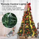 Pre-lit Christmas Tree - 6.5 Ft Fully Decorated Pull Up Christmas Tree with Remote, 200 LED Lights, Ornaments, Red&Gold Ribbon, Bows, Easy Assemble Collapsible Xmas Trees Holiday Party Decor