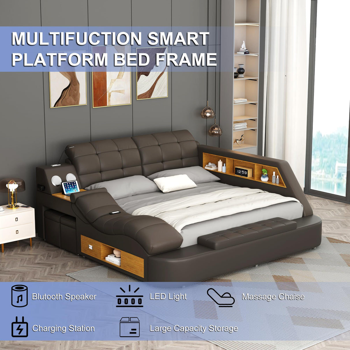 Multifunction Smart King Bed Frame, Luxury Upholstered Platform with Massage Recliner/Bluetooth Speaker/USB Charging Station/Storage Drawers, Leather Headboard/ Strong Wooden Slats, Black