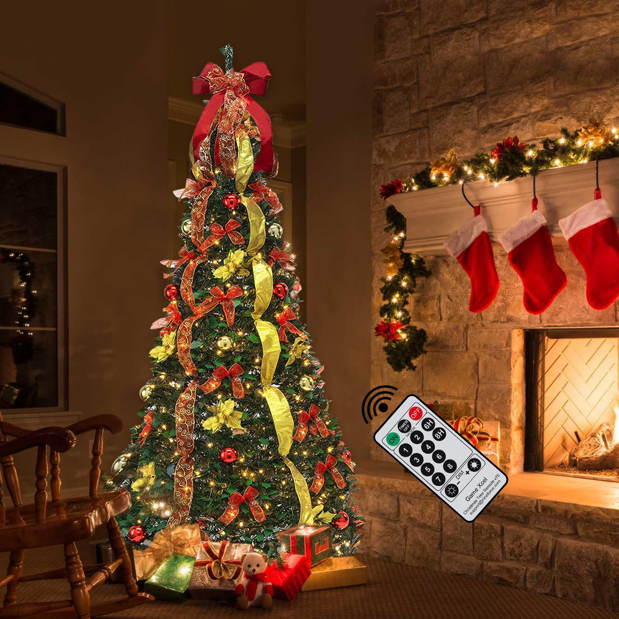 Pre-lit Christmas Tree - 6.5 Ft Fully Decorated Pull Up Christmas Tree with Remote, 200 LED Lights, Ornaments, Red&Gold Ribbon, Bows, Easy Assemble Collapsible Xmas Trees Holiday Party Decor